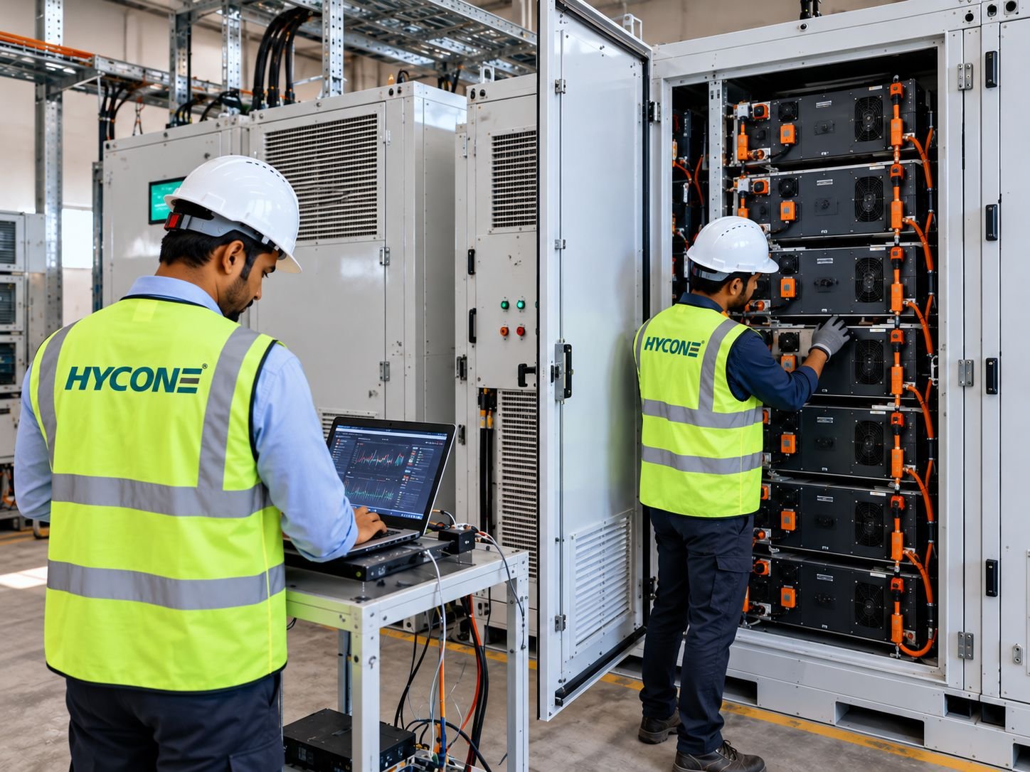 Hycone technicians inspecting battery energy storage cabinets