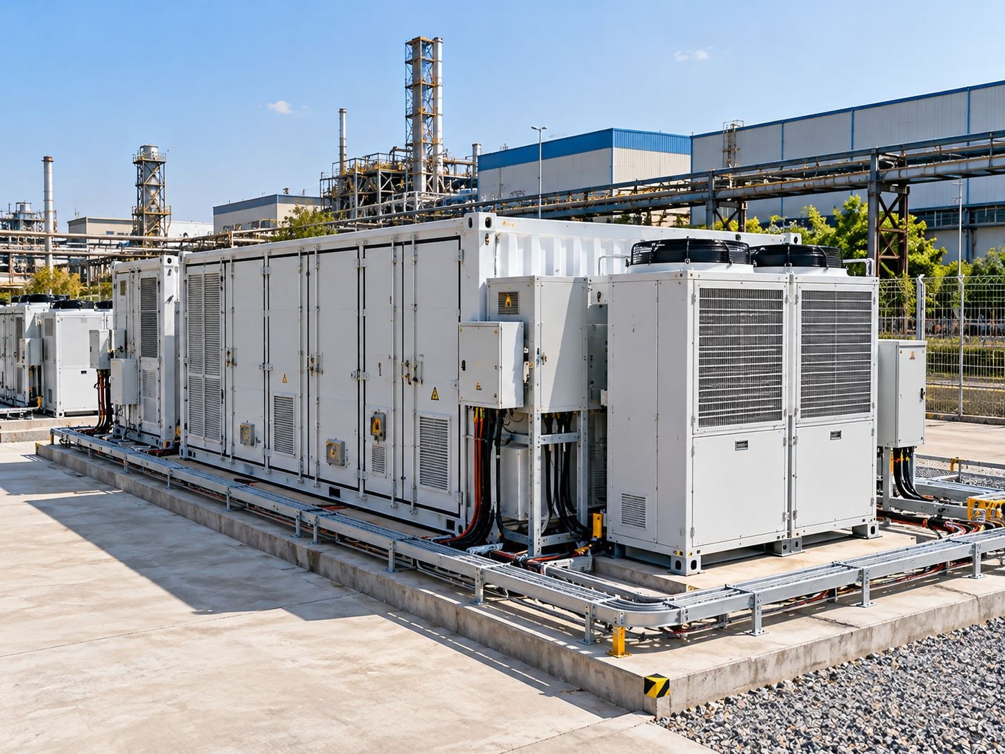Containerised battery energy storage system installed at an industrial site