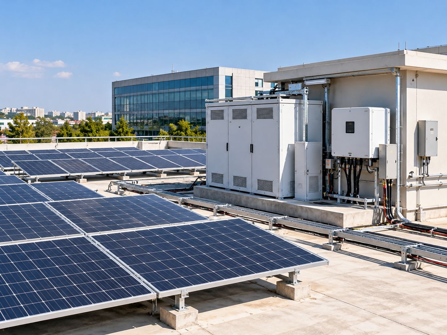 Commercial battery energy storage system connected to rooftop solar panels