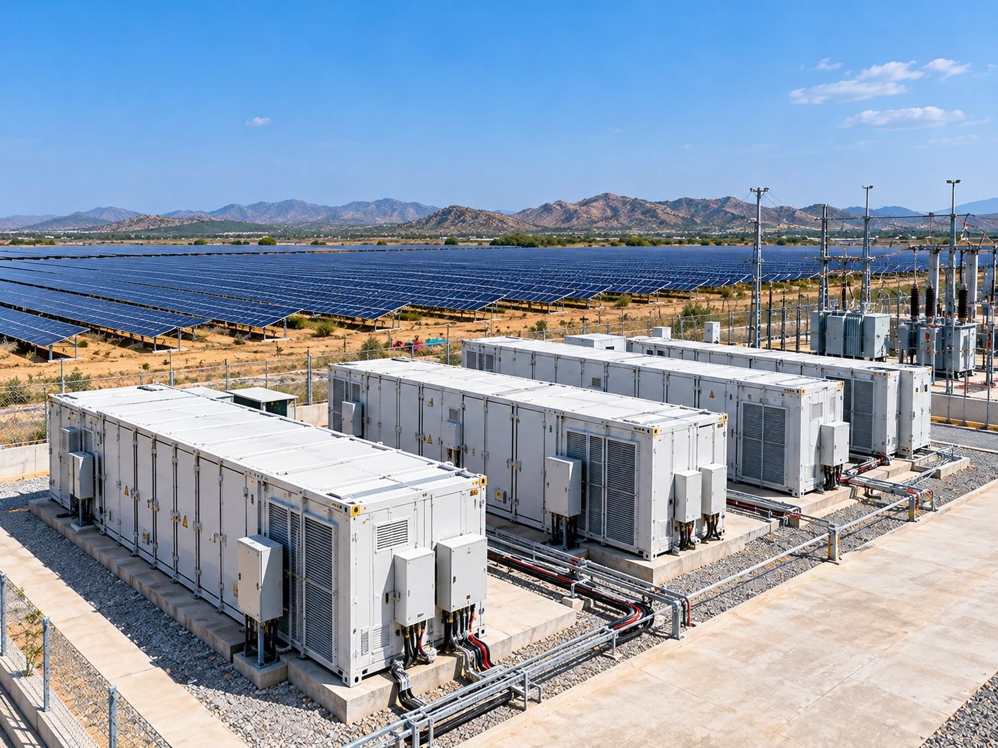 Battery energy storage containers beside a solar power plant