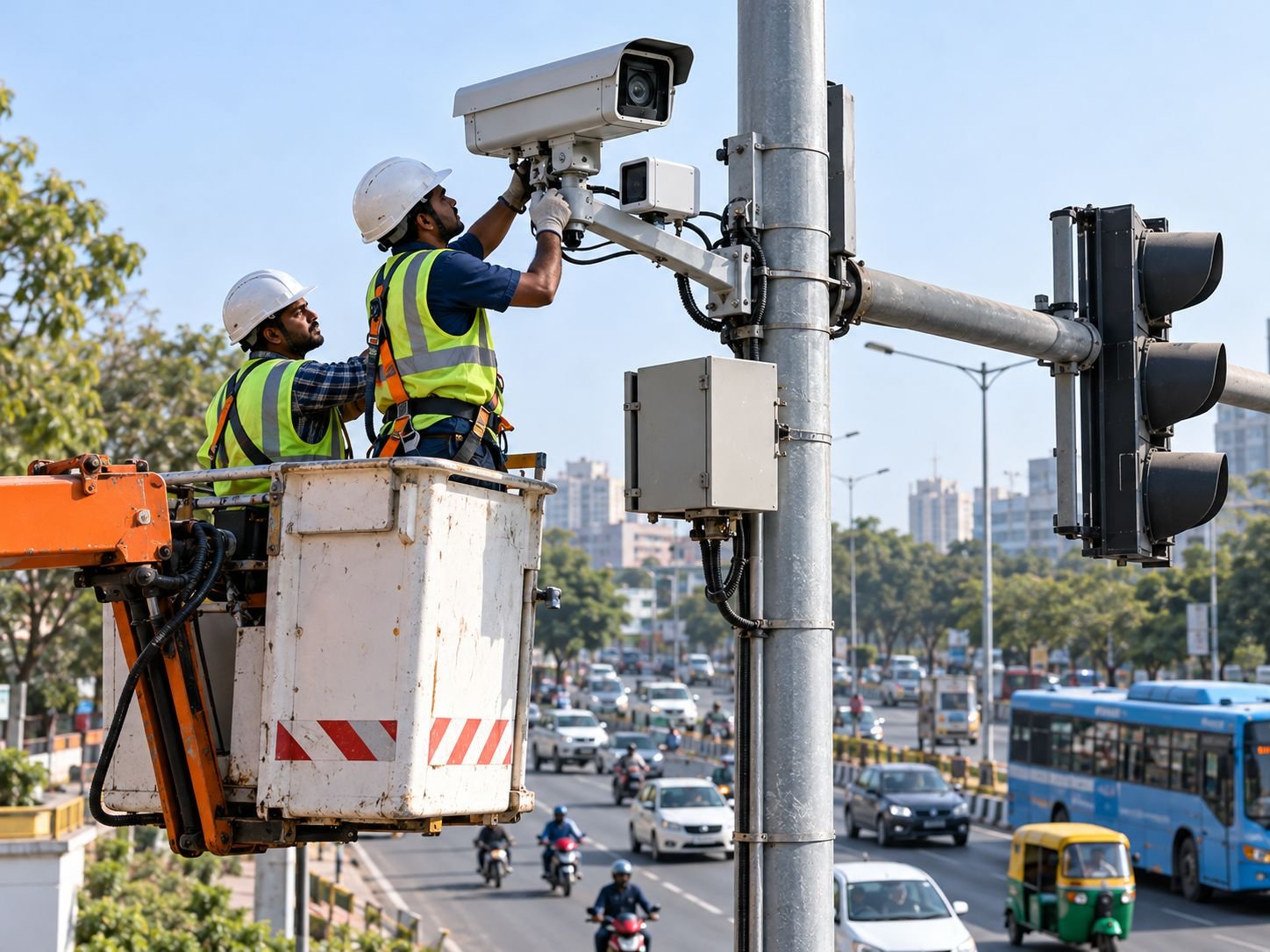 Hycone team installing an ITMS camera at a traffic signal