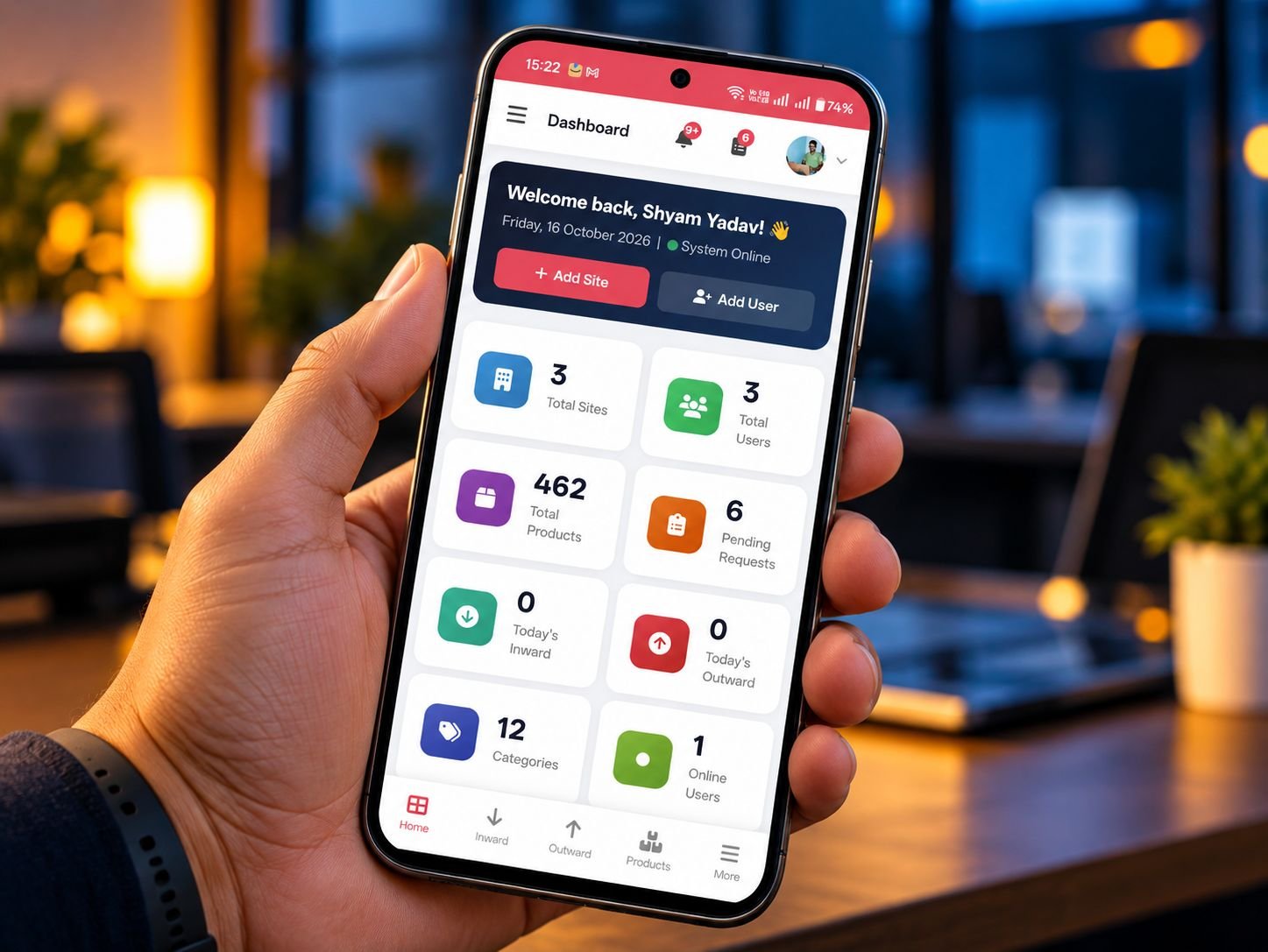 Hycone Inventory Management mobile dashboard on a smartphone