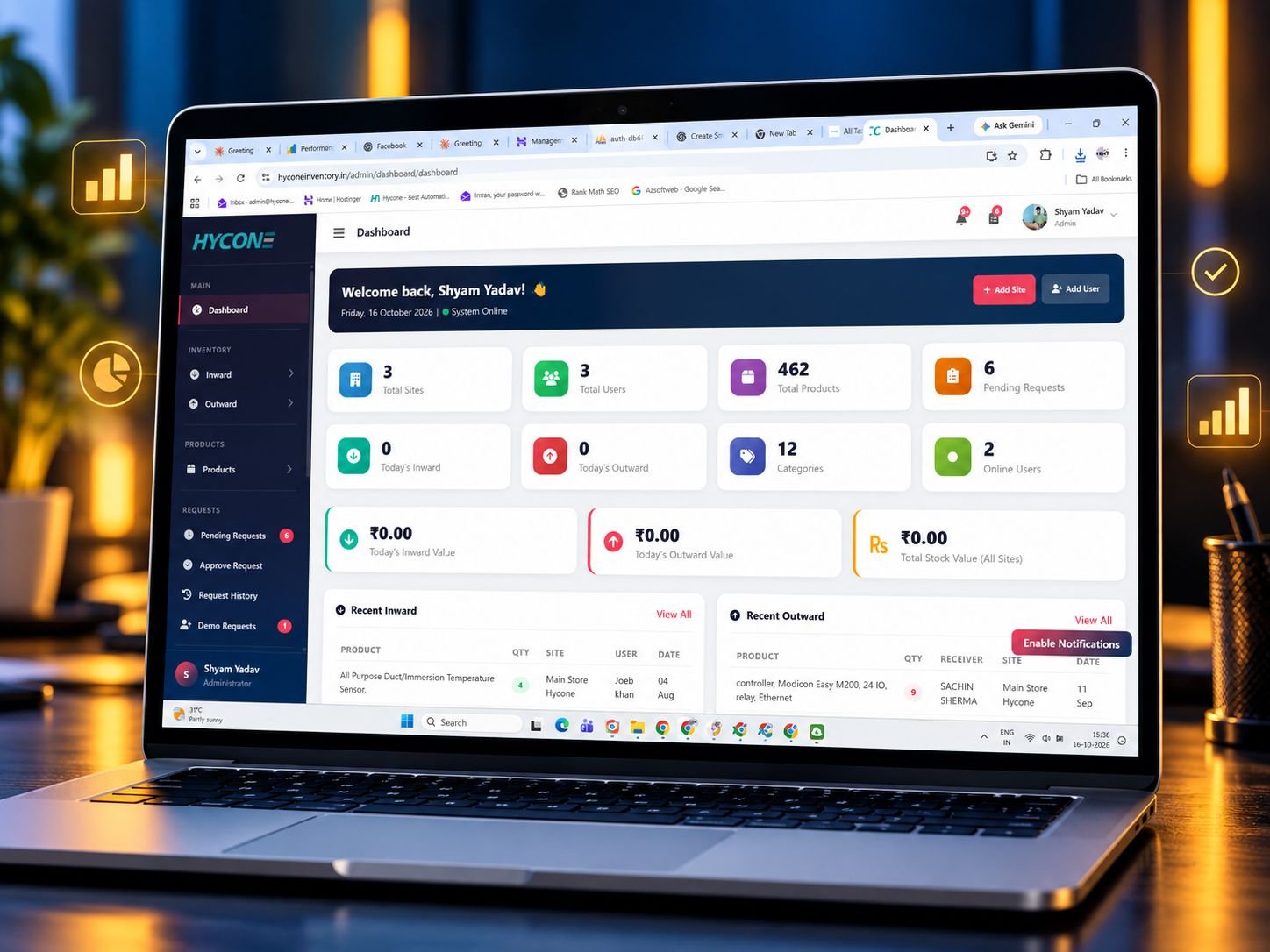 Hycone Inventory Management software dashboard on a laptop