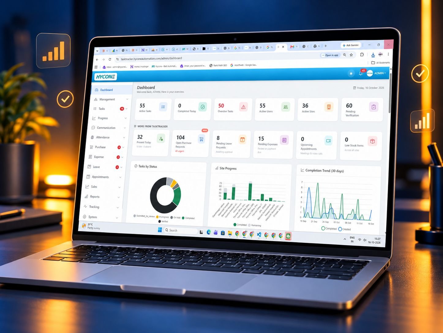Hycone Task Tracker software dashboard on a laptop